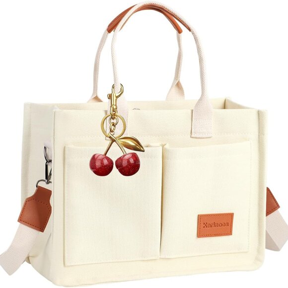 White canvas tote bag for women, large capacity, multi-pocket, zipper, adjustabl - Picture 1 of 8